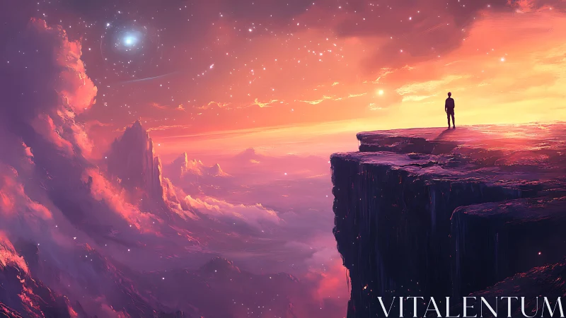 Solitary human figure on high cliff above luminous clouds.
