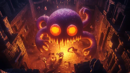 Giant glowing tentacle monster dominates narrow dungeon corridor