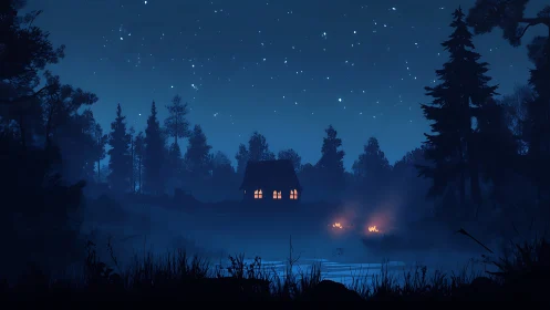 Moonlit forest cabin with campfires beside misty lakeshore