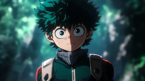 Green haired anime boy stares forward in forest setting