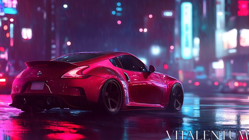 Neon city rain cradles a sleek red sports car in motion