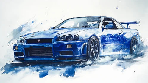 Bold blue sports car drifting through painterly mist.