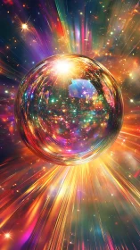 Starlit prism sphere drifts through a rainbow supernova veil