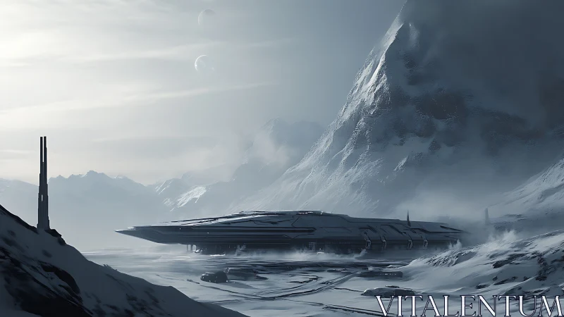 Futuristic starship facility in remote icy valley landscape.