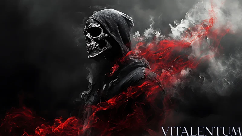 Hooded skull wreathed in bloodred smoke and midnight mist.