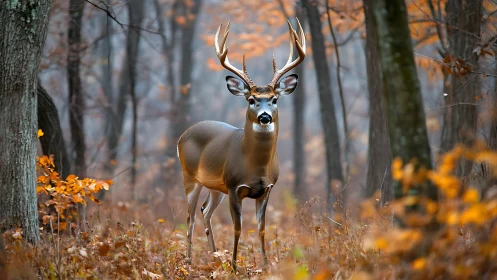 Whitetail buck standing alert in quiet autumn forest scene.