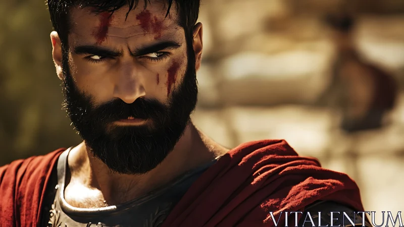 Battle worn warrior in crimson cloak under harsh sun.