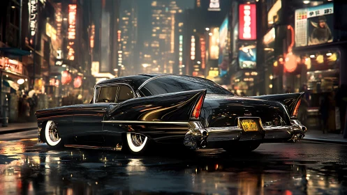 Midcentury finned coupe in neon drenched wet urban nightscape