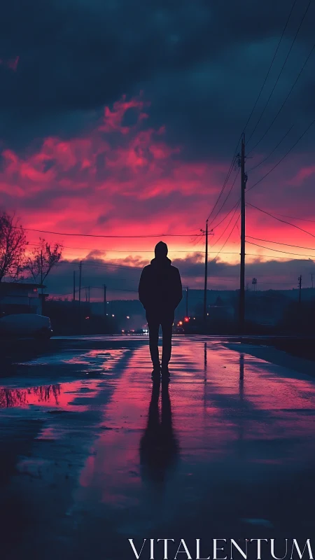 Silhouetted person stands on wet road under vivid sunset sky