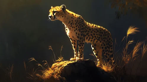 Cheetah Positioned on Rocky Outcrop With Dramatic Golden Backlighting