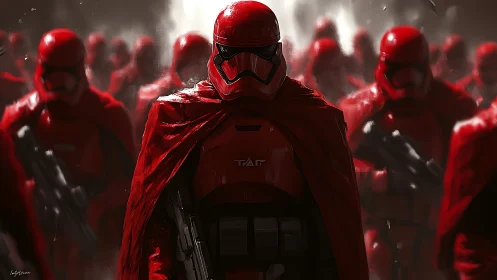 Scarlet armored commander leading regimented troopers forward.