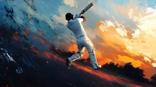 Cricket batter driving against abstract sky at sunset.