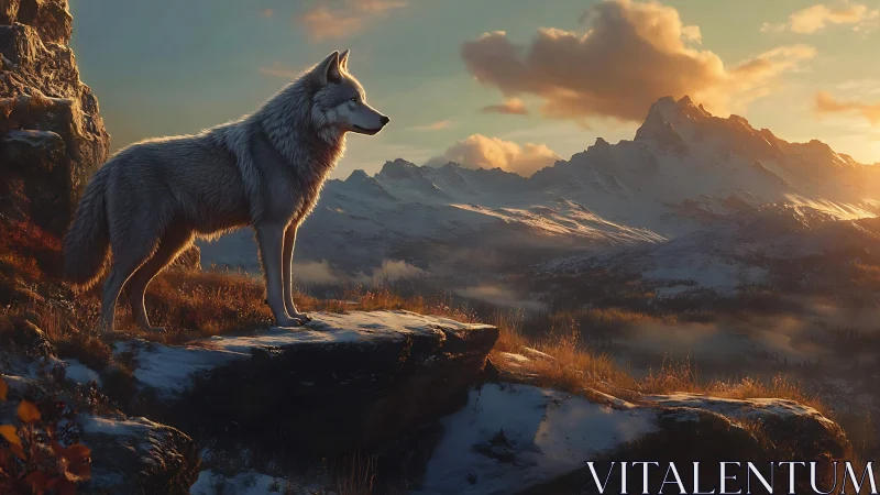 Lone white wolf greeting a golden mountain sunrise.