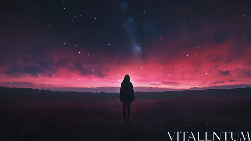 Stargazing silhouette beneath a crimson cosmic horizon.