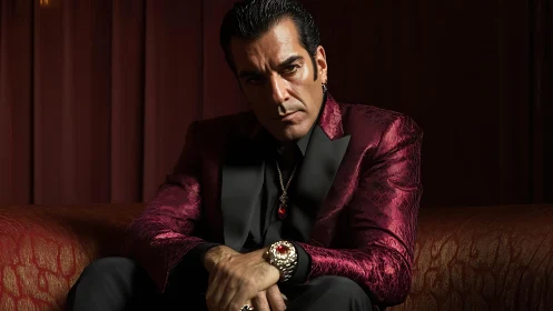 Man in red patterned suit on sofa with intense stare.