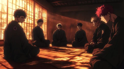 Martial arts students seated in circle in dim dojo interior.