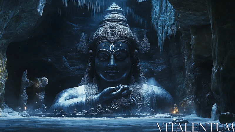 Colossal ice cave deity statue under cold blue torchlight