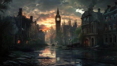 Clocktower dusk haunts a ruined London boulevard in silence.