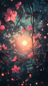 Circular light source illuminates stylized flowers and foliage