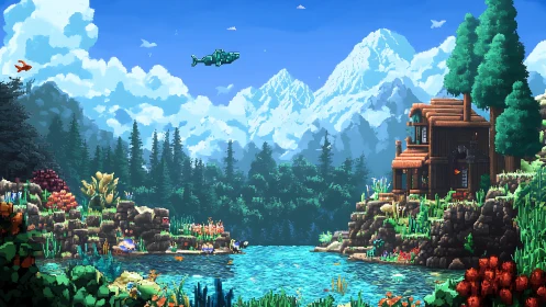 Pixel art mountain lake with cabin and vibrant forest scene.