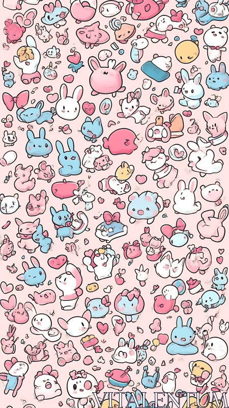 Kawaii pastel bunnies and critters scatter across soft pink.