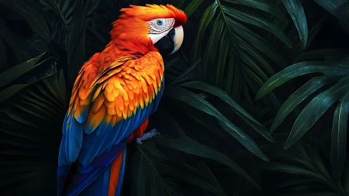 Vibrant Scarlet Macaw Perched Amid Lush Jungle Foliage, Realistic Style.