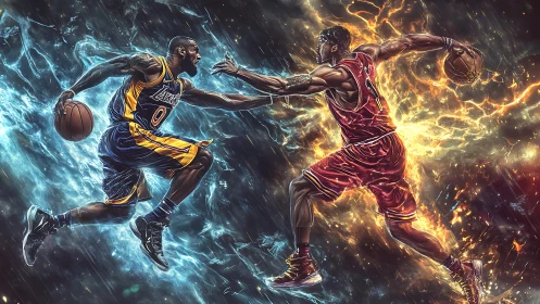 Dual basketball duel in elemental blue and orange energy field