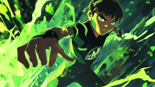 Teen hero in green energy field with extended reaching hand.