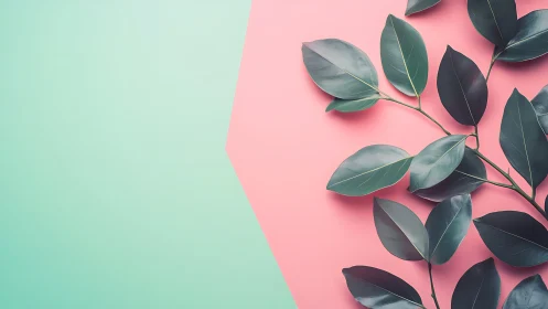 Green leaves rest on pastel pink and mint backdrop
