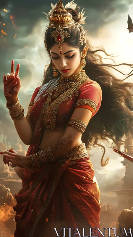 Digital goddess portrait in ornate red sari and jewelry.