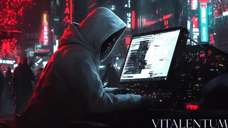 Hooded figure coding at night in neon lit cyberpunk city.