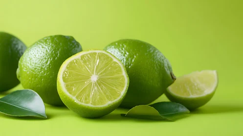Vibrant fresh limes arranged on bright green backdrop.