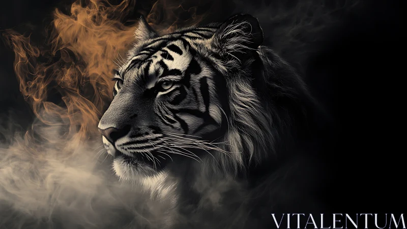 Cinematic tiger portrait in bicolor smoke on black background