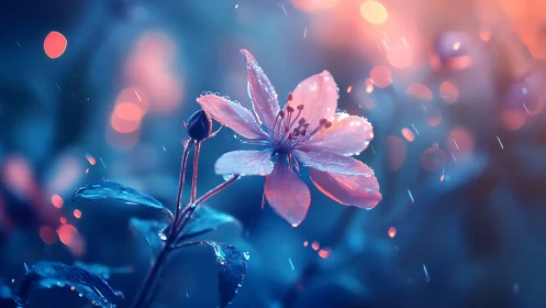 Pink Blossom Wet Petals Rain Bokeh Light.