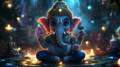 Cute baby Ganesha idol in blue and gold temple lighting.