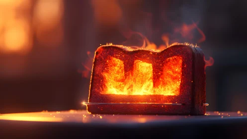 Surreal Burning Toast in Flames at Sunset, Artistic Photo.