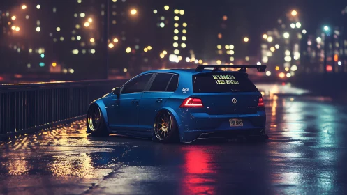 Midnight-tuned hatchback hums quietly through neon rain