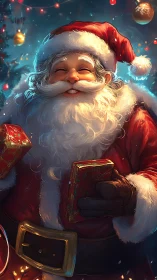 Smiling Santa holds glowing gifts in a festive winter night