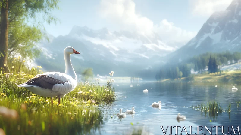 White goose by serene mountain lake with distant swans.