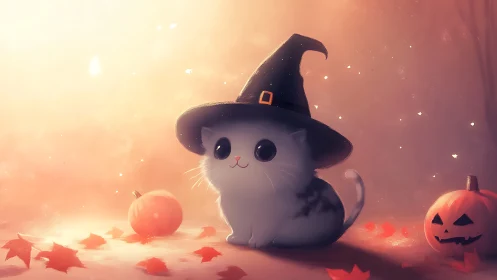 Cute Halloween kitten in witch hat under warm backlight glow
