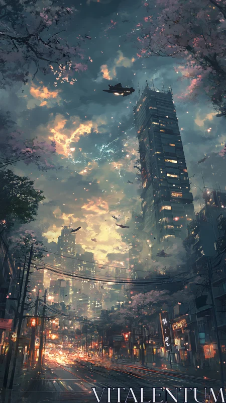 Futuristic neon city street under stormlit cherry blossoms.