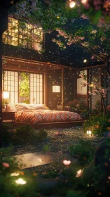 Digital painting of nocturnal zen bedroom and lantern garden.