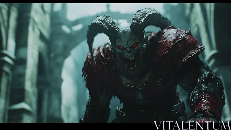 Horned demonic creature in ruined stone corridor environment.