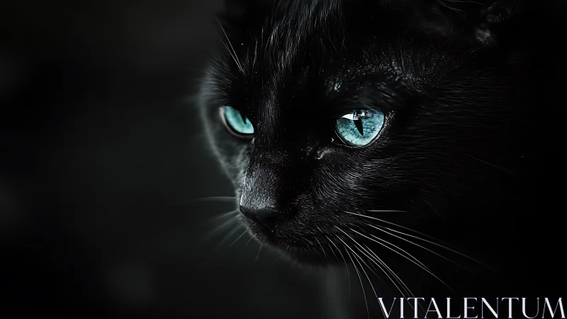 Black Cat with Striking Blue Eyes in Dark Setting.