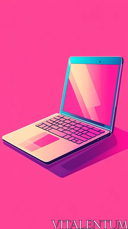 Neon laptop floats in a bold pink digital dreamscape.
