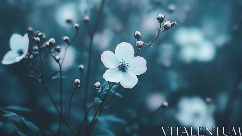 Delicate White Blossoms in Teal Monochromatic Palette.