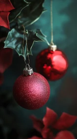 Red Christmas ornaments with holly on dark teal background.