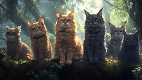 Mystical Forest Warriors: Six Enchanted Cats in Luminous Woodland.