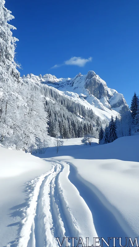 Snowy Alpine Valley Path Under Clear Blue Skies