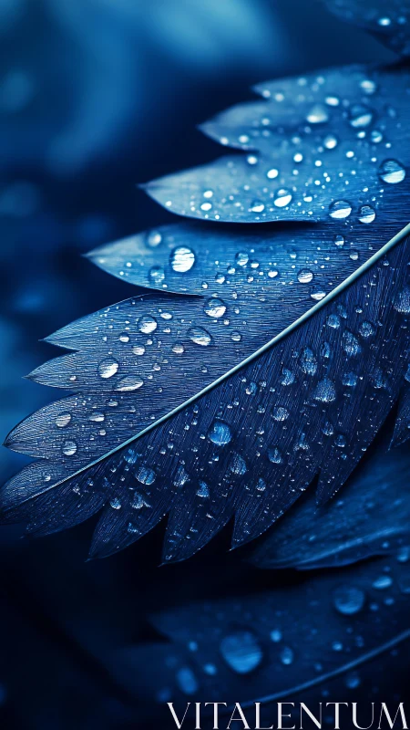 Blue macro leaf holds crisp water droplets along veins